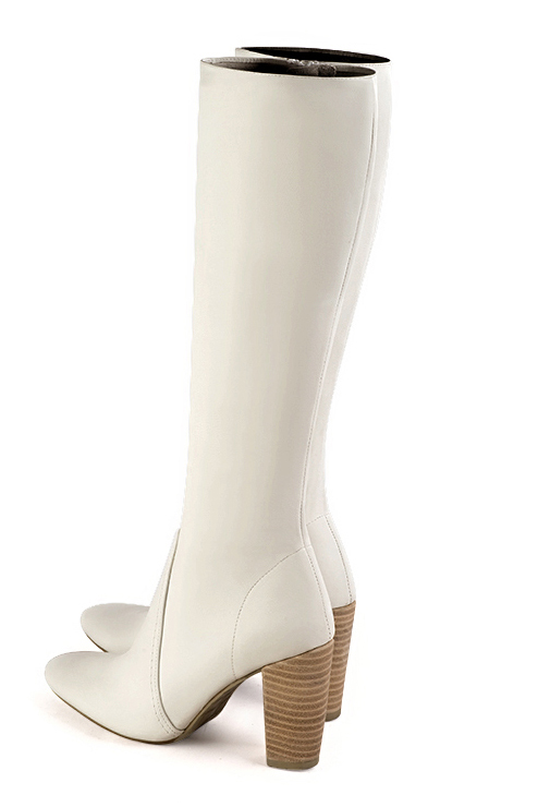 Off white women's feminine knee-high boots. Round toe. High block heels. Made to measure. Rear view - Florence KOOIJMAN